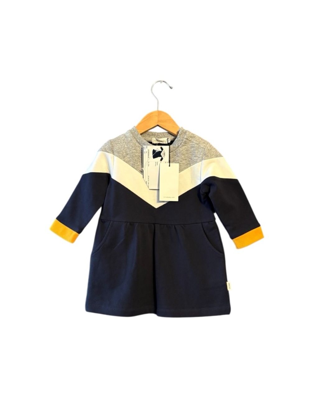 Girls' Navy Colorblock Long-Sleeve Casual Dress with Yellow Cuffs